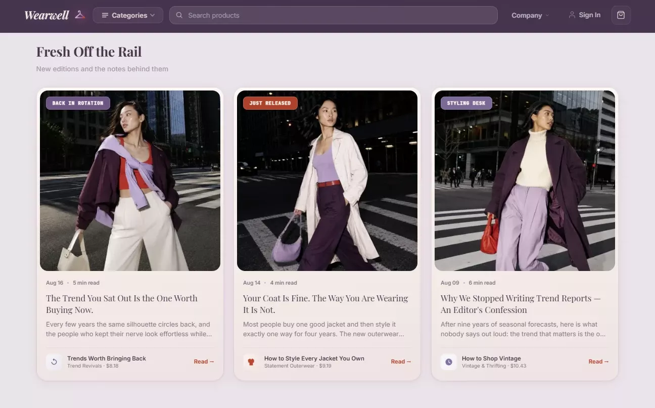 Product listing of the fashion and lifestyle store design