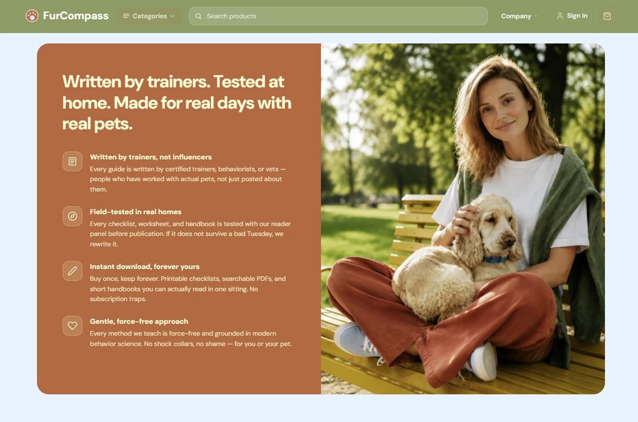 Trust pillars section of the pet owner guides store design