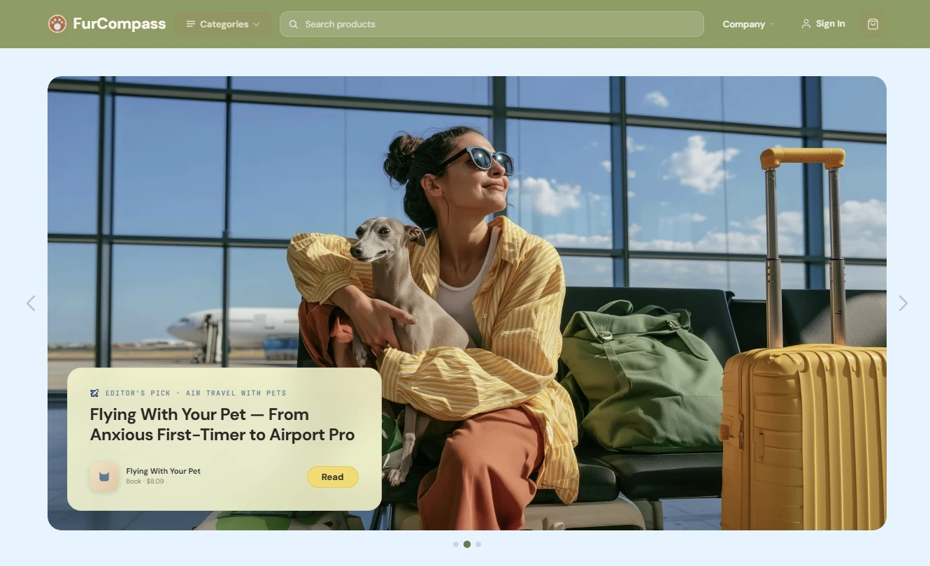 Homepage of the pet owner guides store design